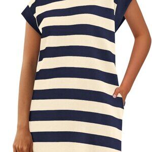 Navy striped casual summer T-shirt dress with pockets, cap sleeves, loose fit, k